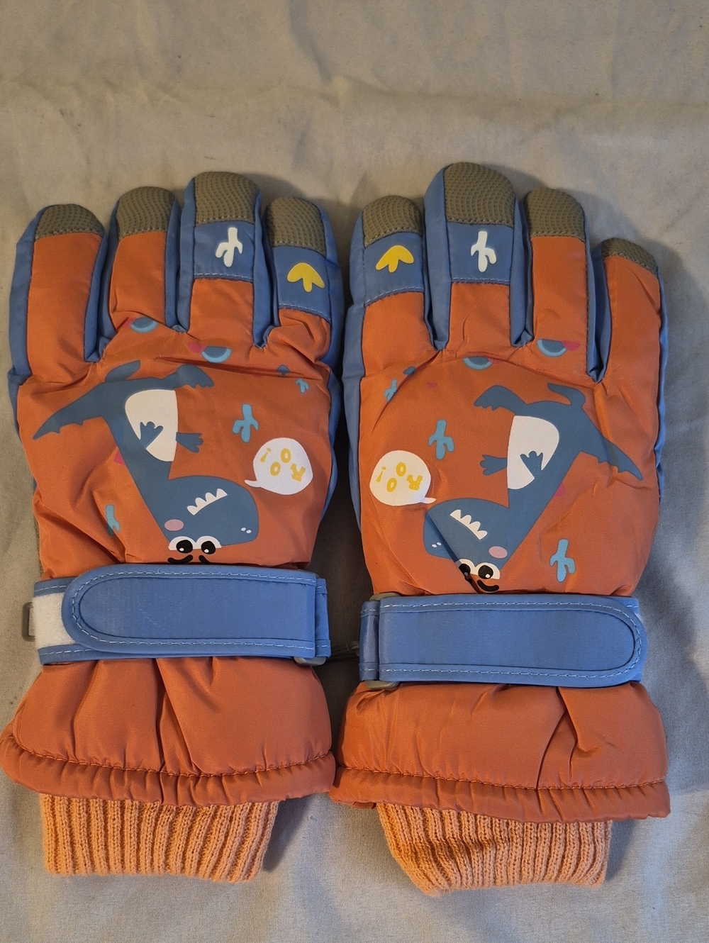Kids Orange Shark Print Winter Gloves with Blue Accents